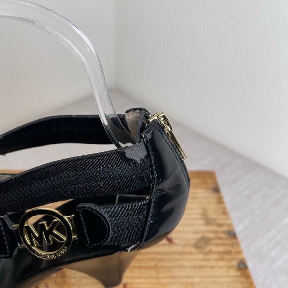 Michael Kors Black Patent Elastic Strap Heels 6.5M MK Logo Cone Heel Sandals - Picture 7 of 9